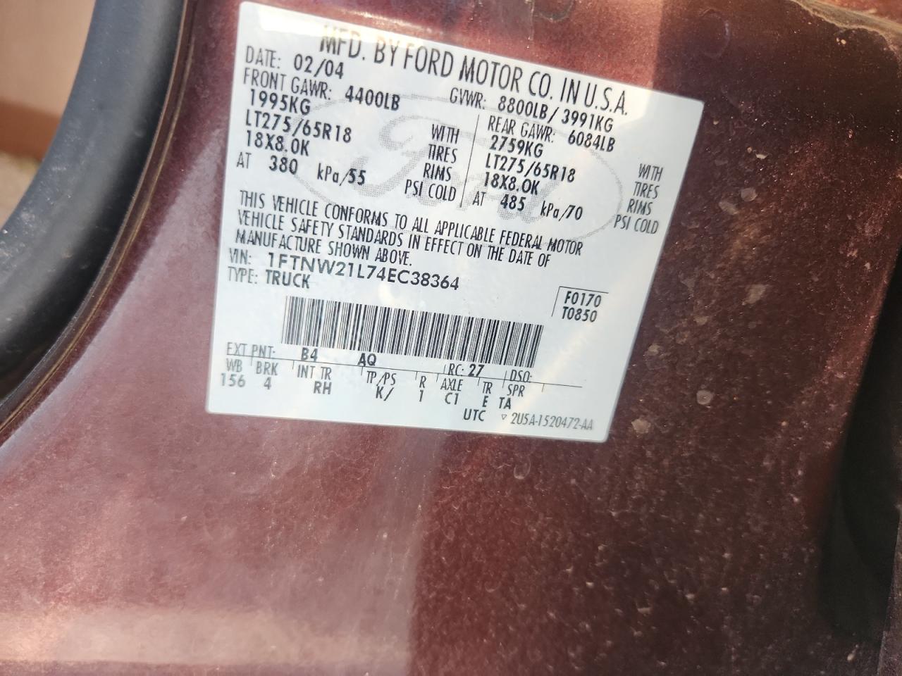 2004 Ford F250 Super Duty VIN: 1FTNW21L74EC38364 Lot: 80618865