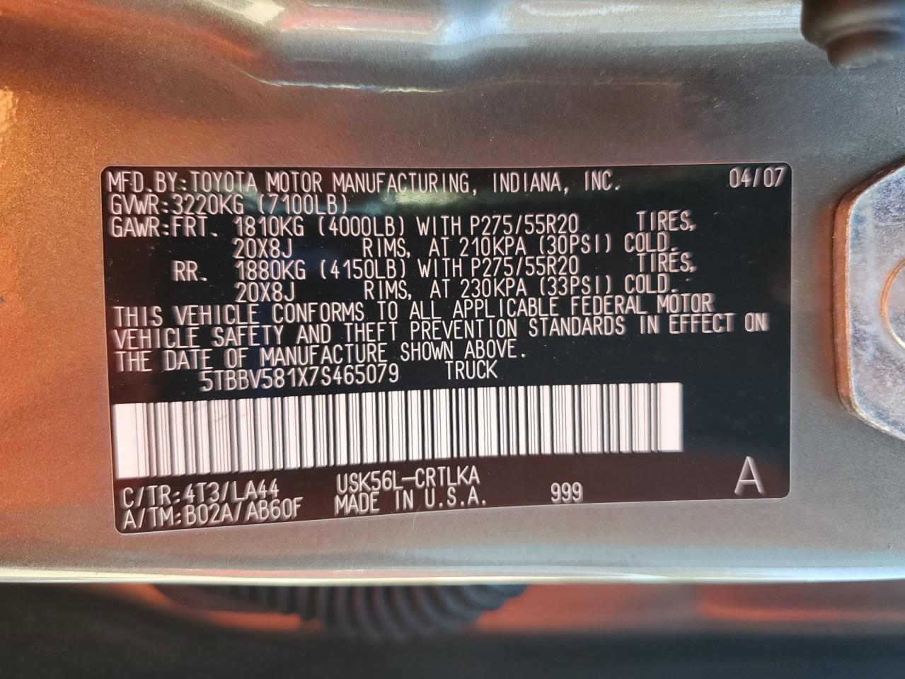 2007 Toyota Tundra Double Cab Limited VIN: 5TBBV581X7S465079 Lot: 80245355