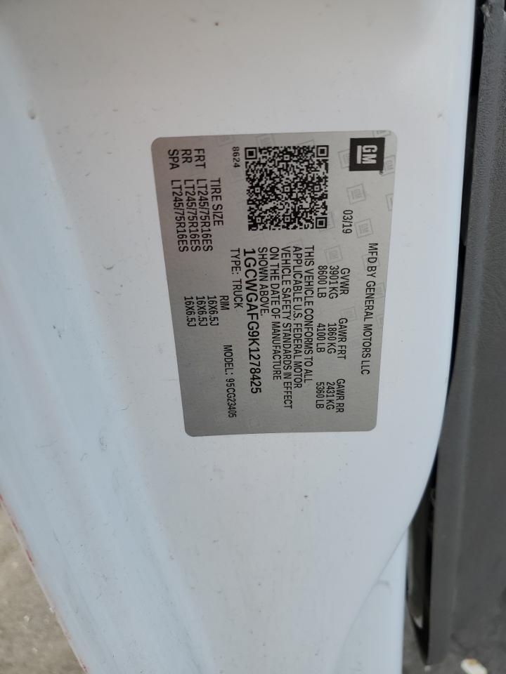 2019 Chevrolet Express G2500 VIN: 1GCWGAFG9K1278425 Lot: 81408045