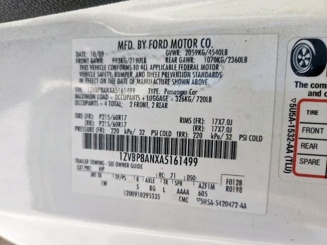 2010 Ford Mustang VIN: 1ZVBP8ANXA5161499 Lot: 81046215