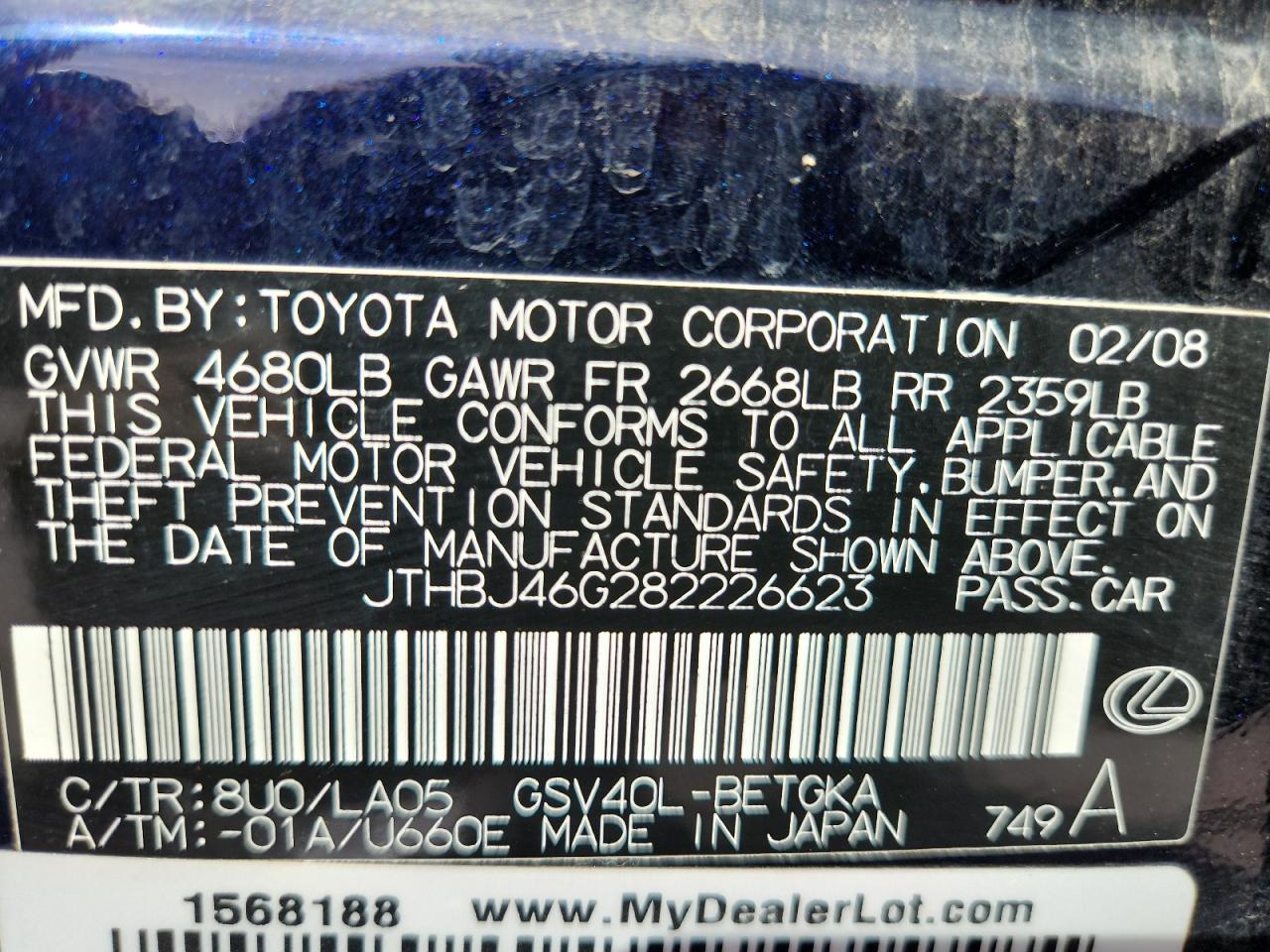 2008 Lexus Es 350 VIN: JTHBJ46G282226623 Lot: 82164325