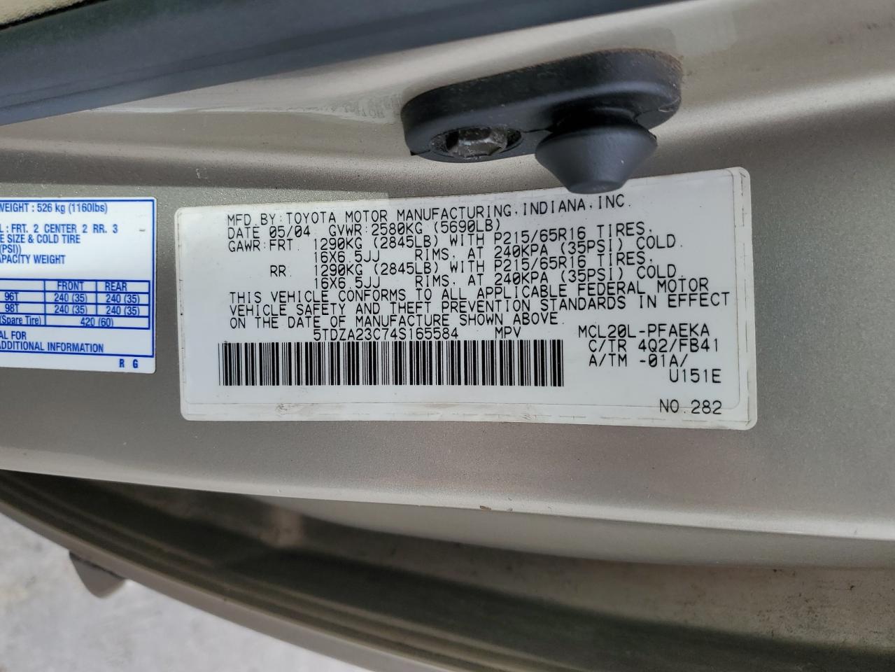 2004 Toyota Sienna Ce VIN: 5TDZA23C74S165584 Lot: 81814225