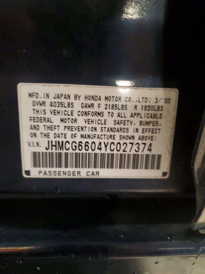 2000 Honda Accord Ex VIN: JHMCG6604YC027374 Lot: 80535815