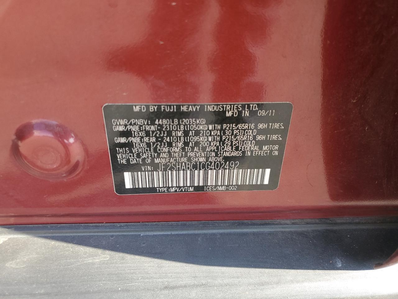 2012 Subaru Forester 2.5X VIN: JF2SHABC1CG402492 Lot: 80825785