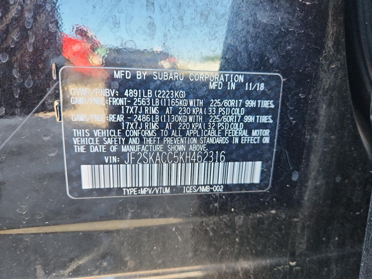 2019 Subaru Forester VIN: JF2SKACC5KH462316 Lot: 84200995