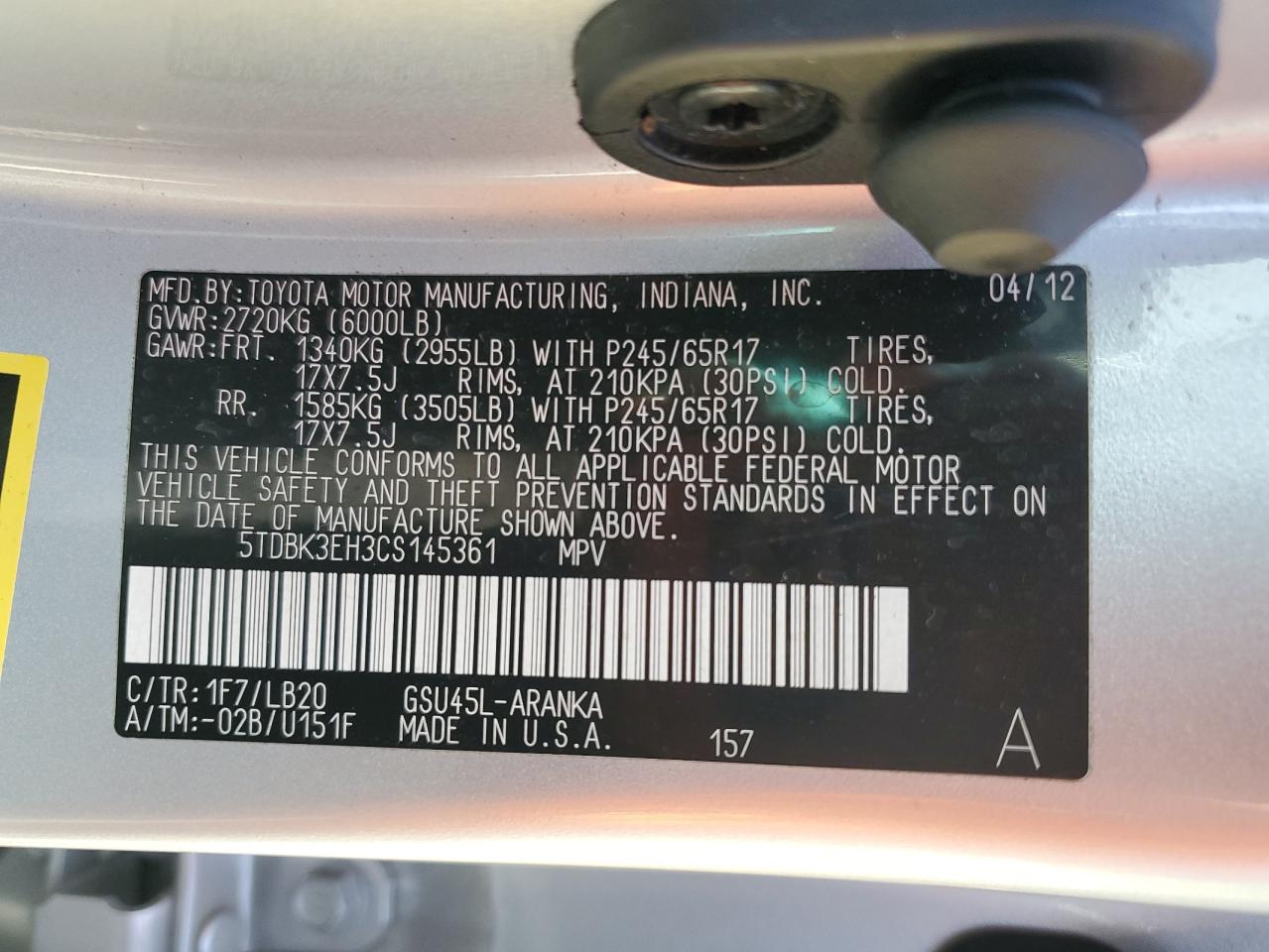 2012 Toyota Highlander Base VIN: 5TDBK3EH3CS145361 Lot: 80988895