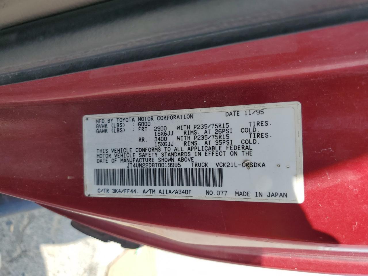 1996 Toyota T100 Xtracab VIN: JT4UN22D8T0019995 Lot: 70392595