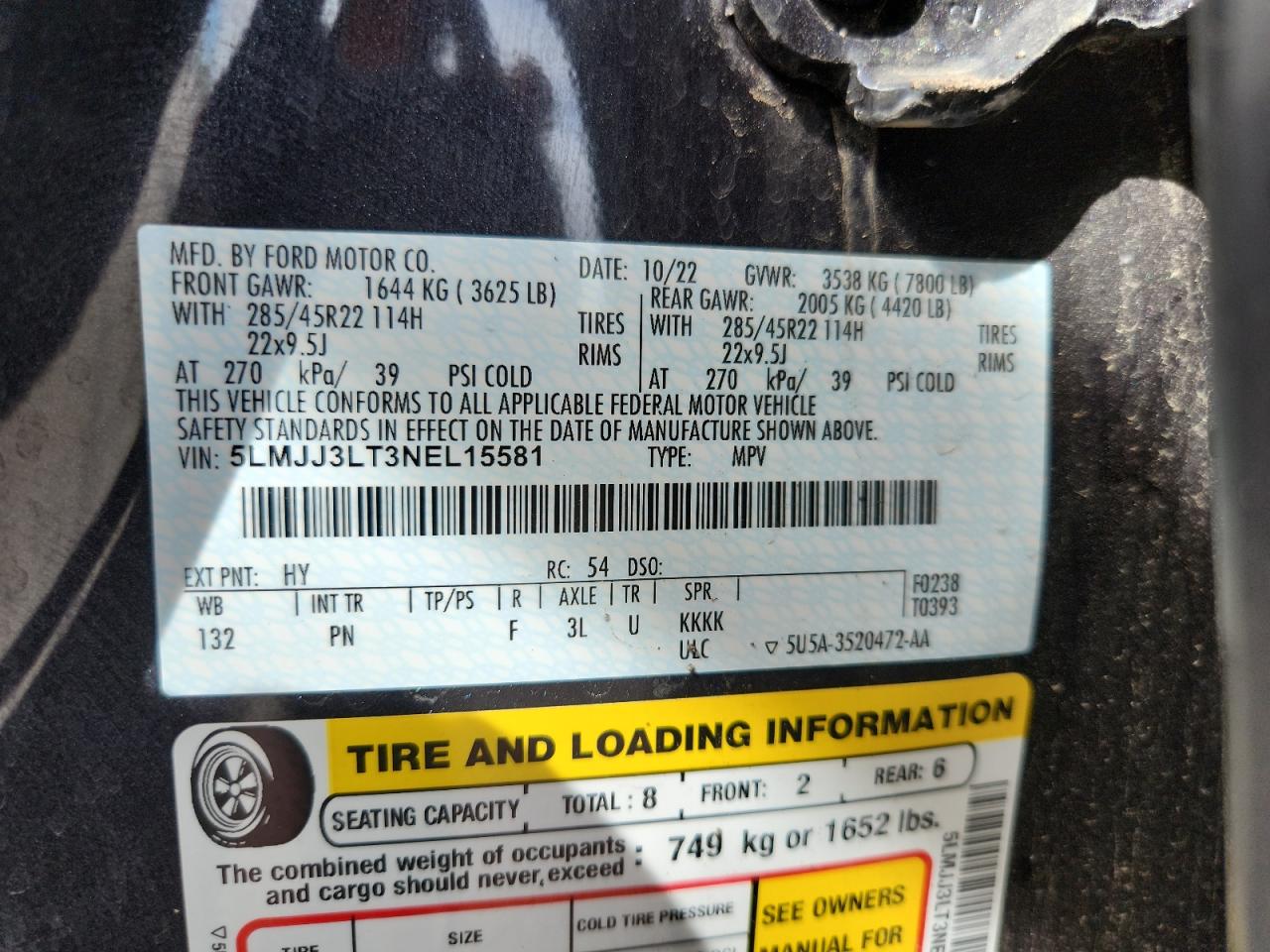 2022 Lincoln Navigator L Reserve VIN: 5LMJJ3LT3NEL15581 Lot: 81472325