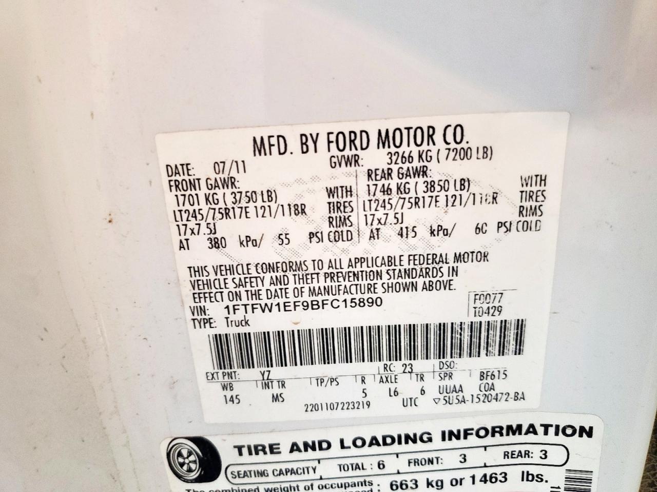 2011 Ford F150 Supercrew VIN: 1FTFW1EF9BFC15890 Lot: 84222485