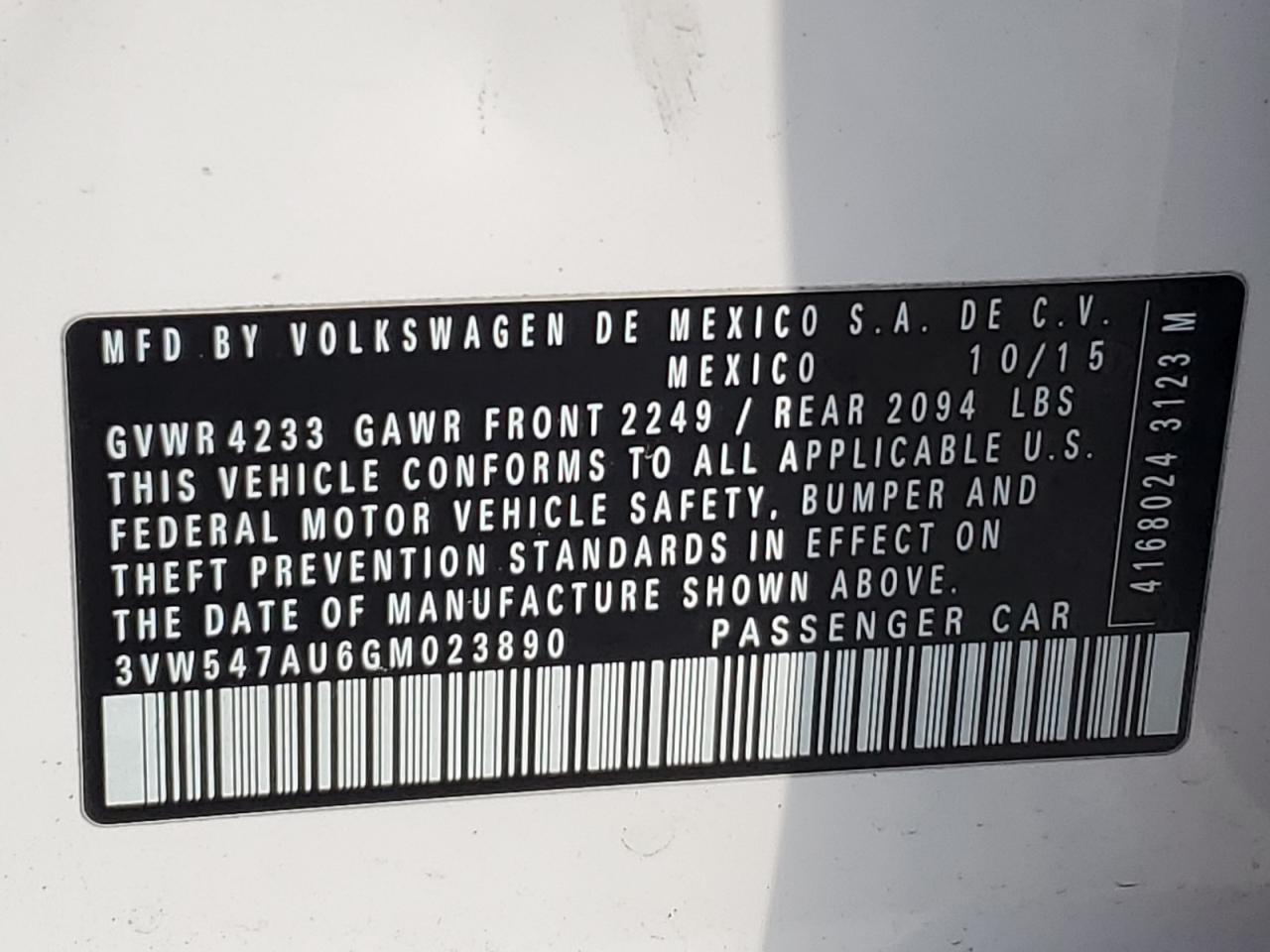 2016 Volkswagen Gti S/Se VIN: 3VW547AU6GM023890 Lot: 84596015