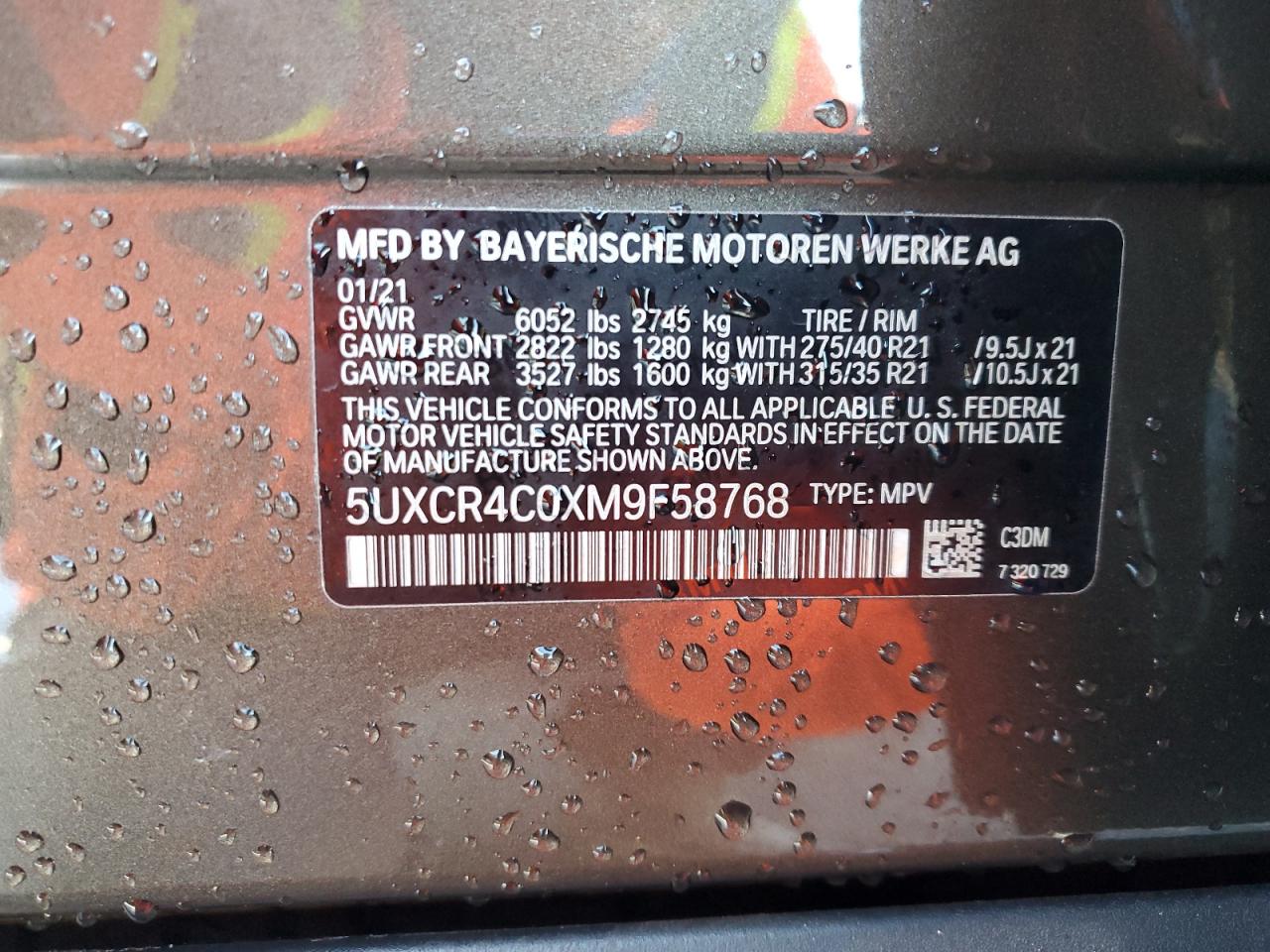 2021 BMW X5 Sdrive 40I VIN: 5UXCR4C0XM9F58768 Lot: 81573265