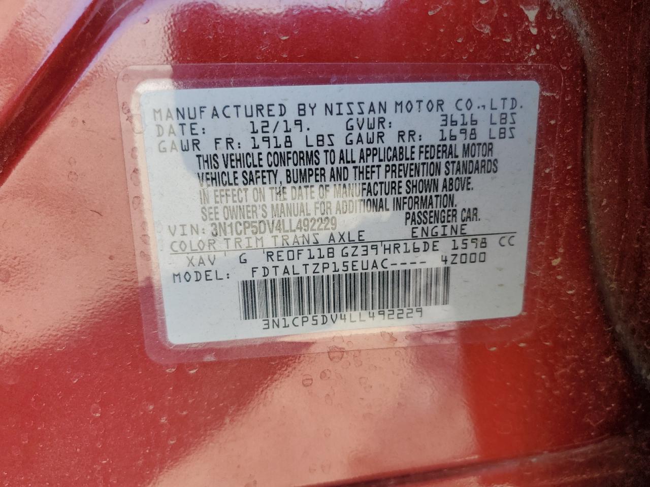 2020 Nissan Kicks Sr VIN: 3N1CP5DV4LL492229 Lot: 80001005