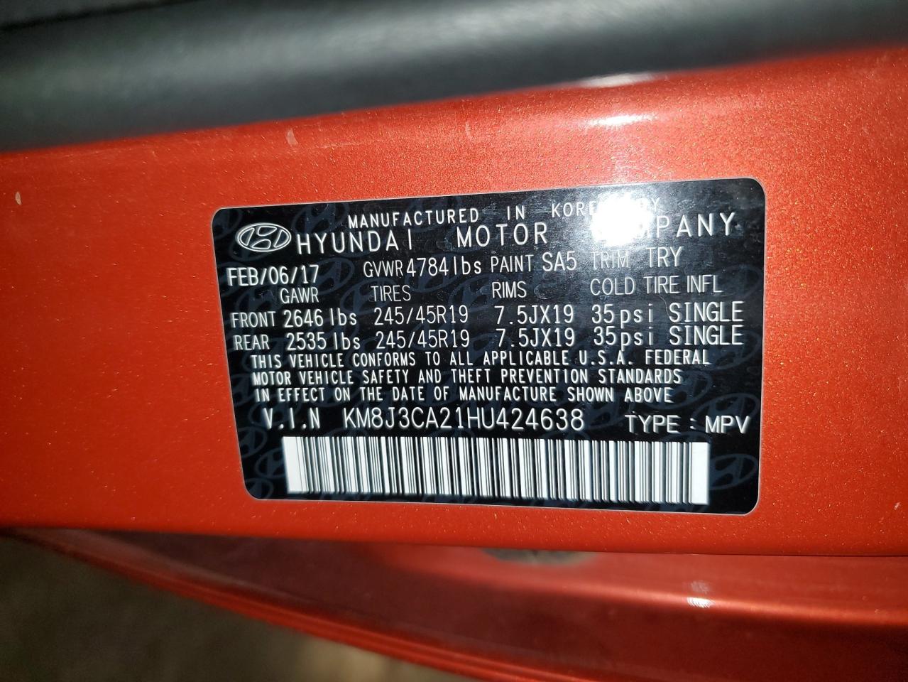 2017 Hyundai Tucson Limited VIN: KM8J3CA21HU424638 Lot: 80035895