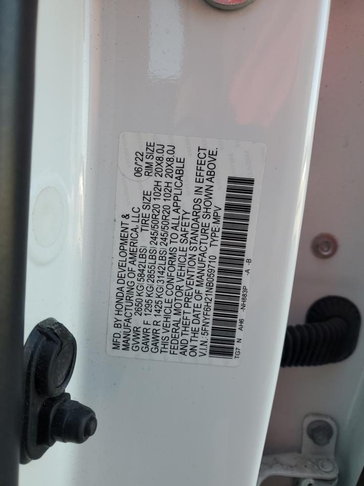 2022 Honda Pilot Se VIN: 5FNYF6H21NB059710 Lot: 81849155