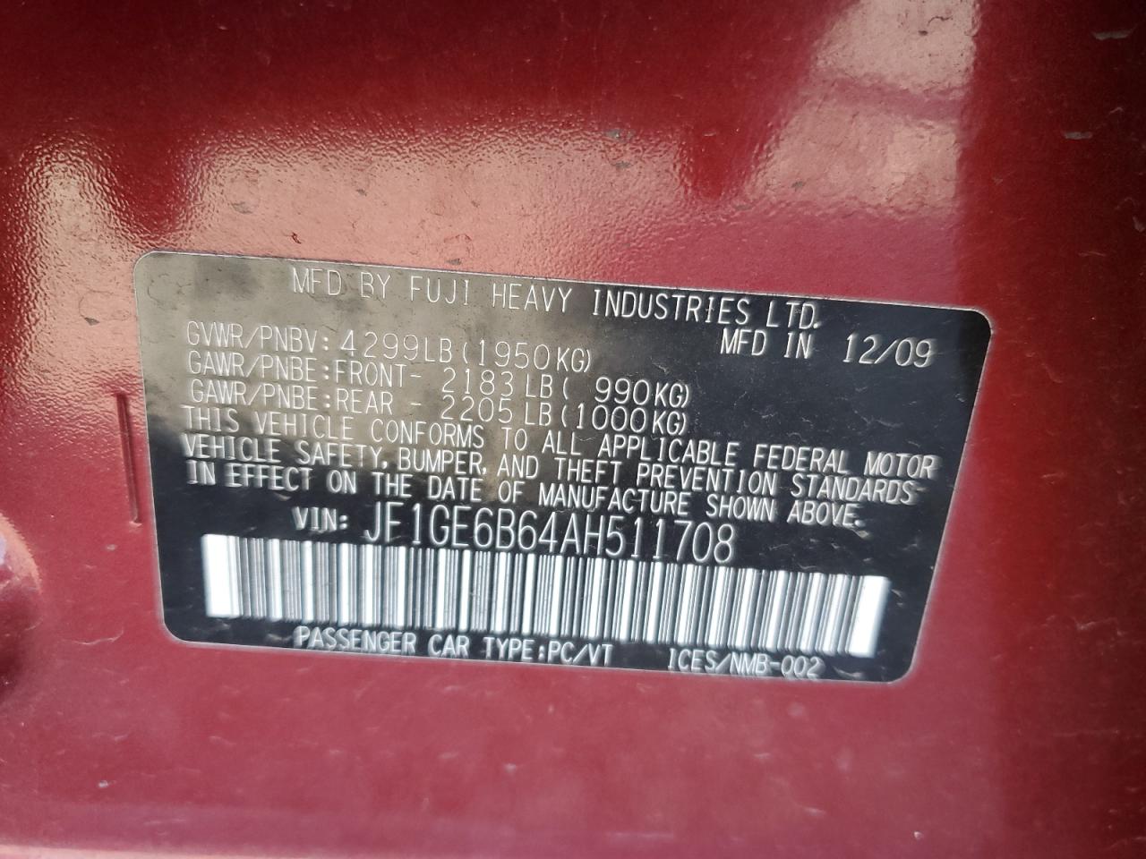 2010 Subaru Impreza 2.5I Premium VIN: JF1GE6B64AH511708 Lot: 80685665