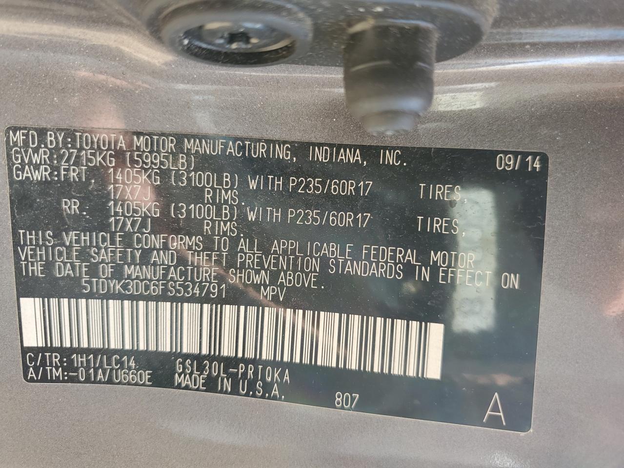 2015 Toyota Sienna Xle VIN: 5TDYK3DC6FS534791 Lot: 84202225