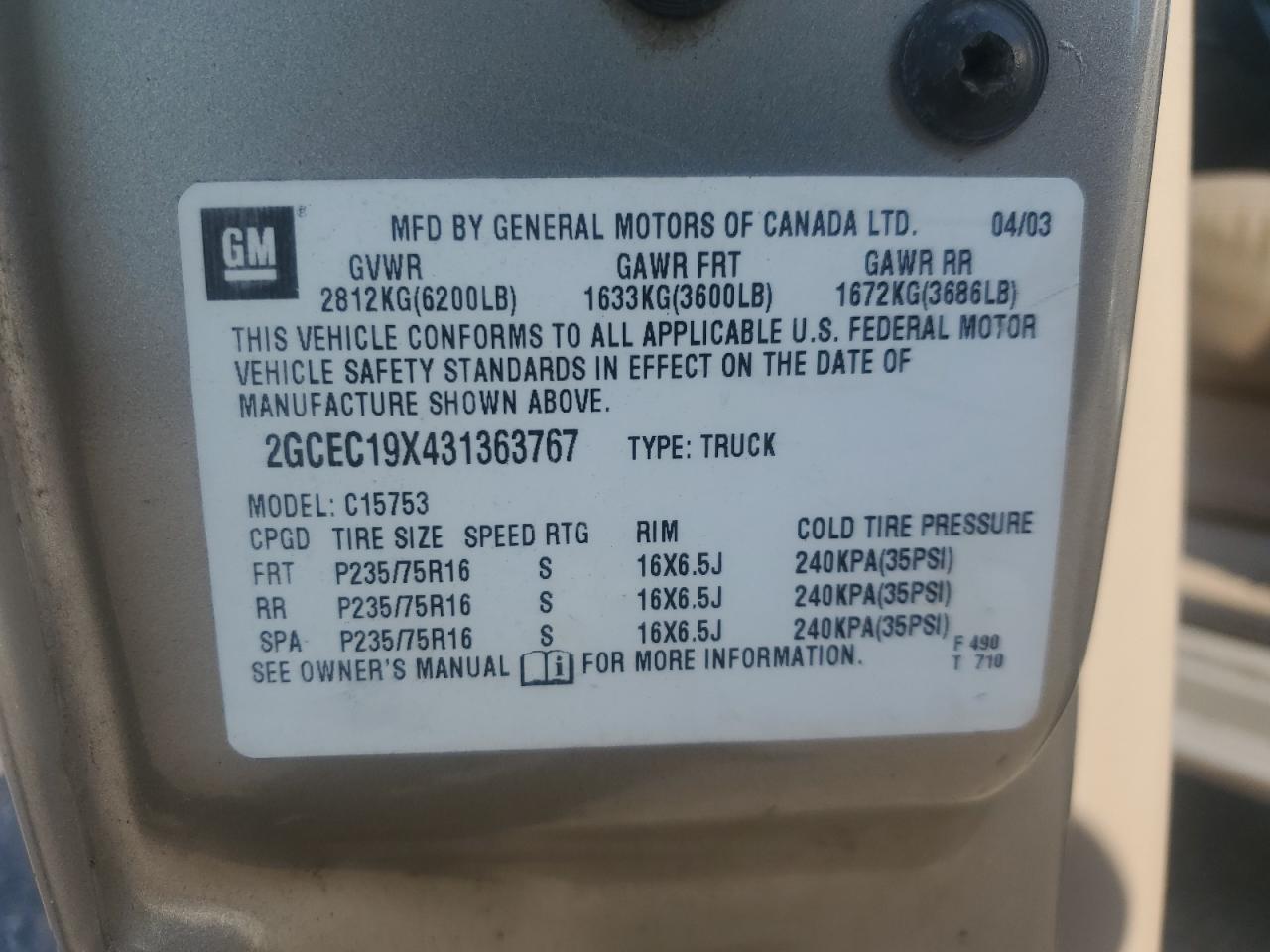 2003 Chevrolet Silverado C1500 VIN: 2GCEC19X431363767 Lot: 71129005