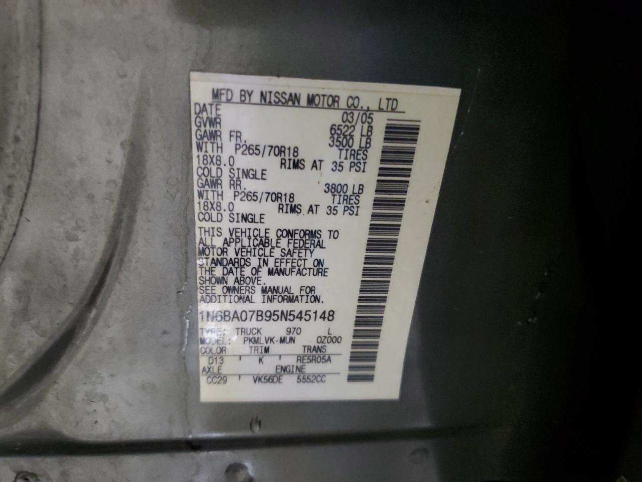 2005 Nissan Titan Xe VIN: 1N6BA07B95N545148 Lot: 80319255