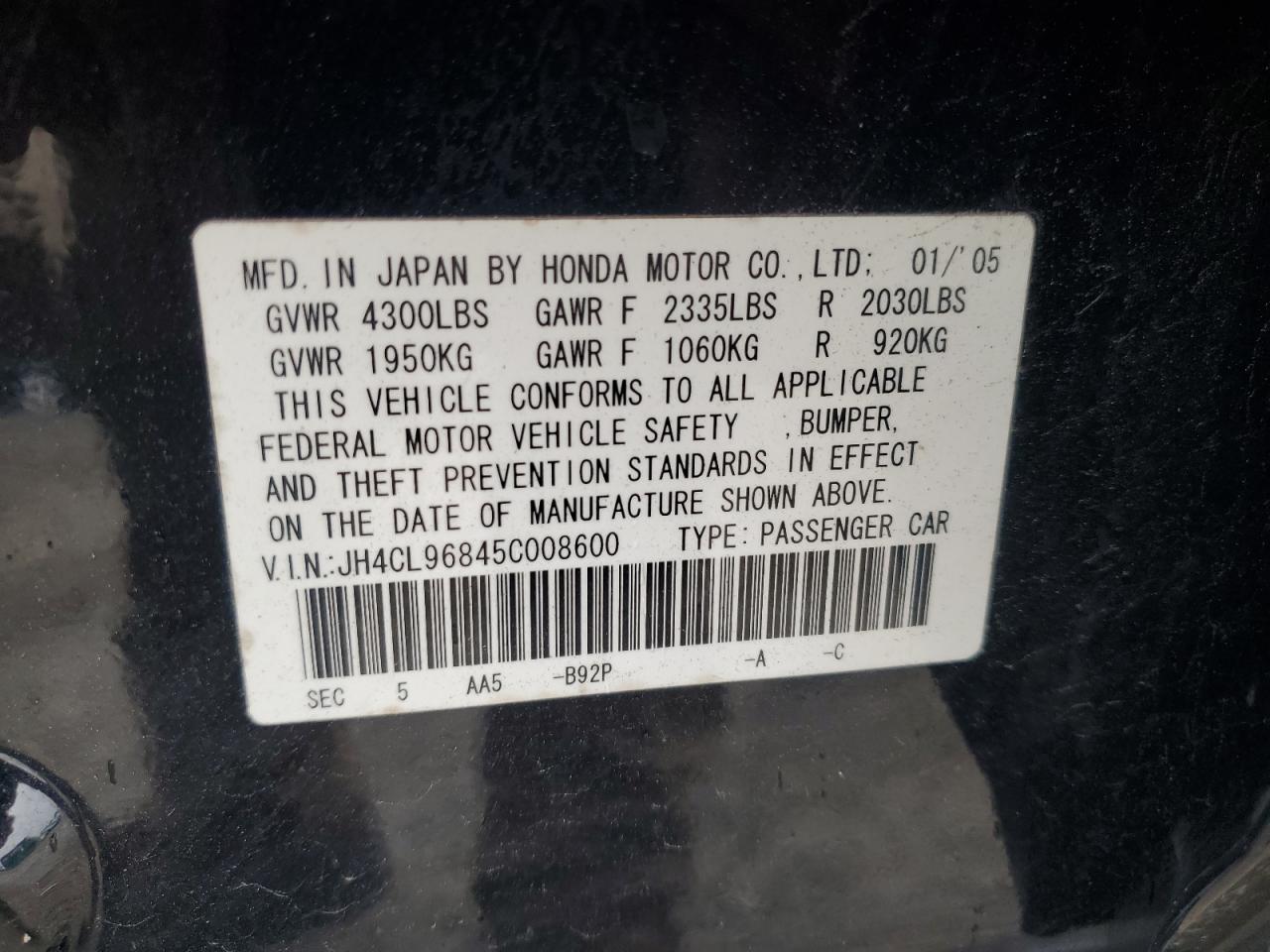 2005 Acura Tsx VIN: JH4CL96845C008600 Lot: 84375385