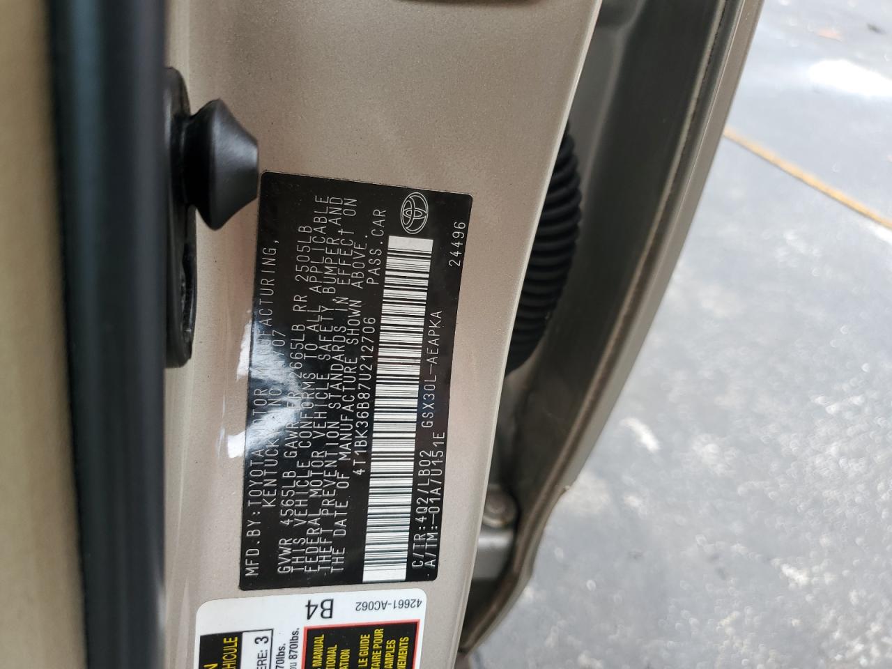 2007 Toyota Avalon Xl VIN: 4T1BK36B87U212706 Lot: 80118455