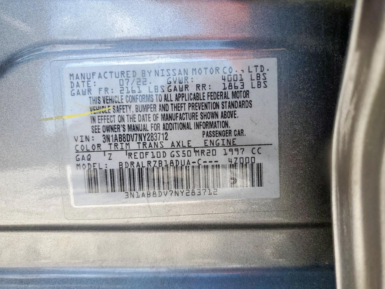 2022 Nissan Sentra Sr VIN: 3N1AB8DV7NY283712 Lot: 82065235