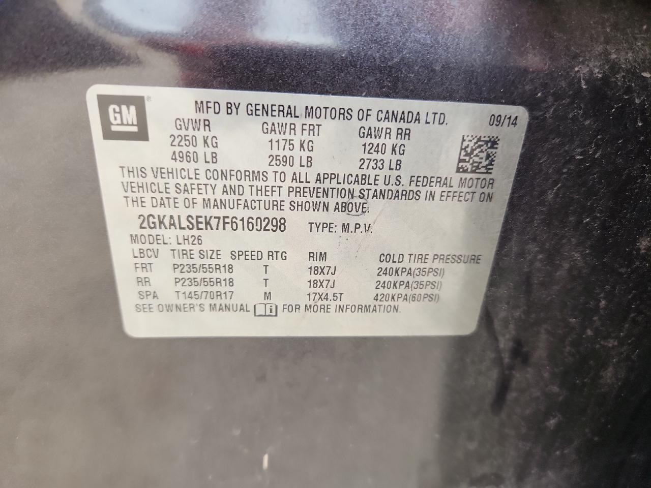 2015 GMC Terrain Slt VIN: 2GKALSEK7F6160298 Lot: 80322105