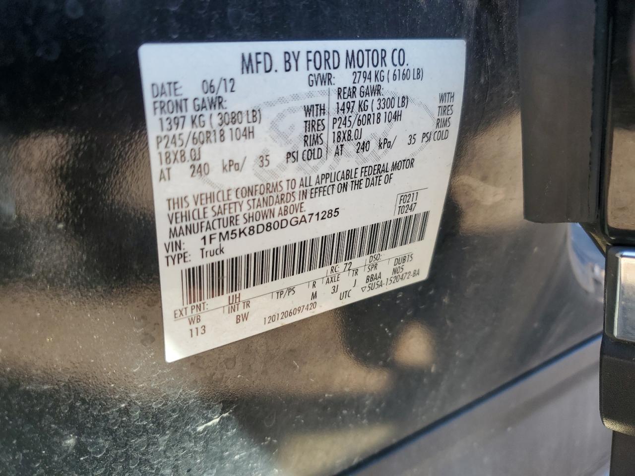 2013 Ford Explorer Xlt VIN: 1FM5K8D80DGA71285 Lot: 70509355