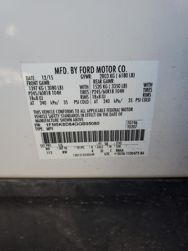 2016 Ford Explorer Xlt VIN: 1FM5K8D84GGB95080 Lot: 81494645