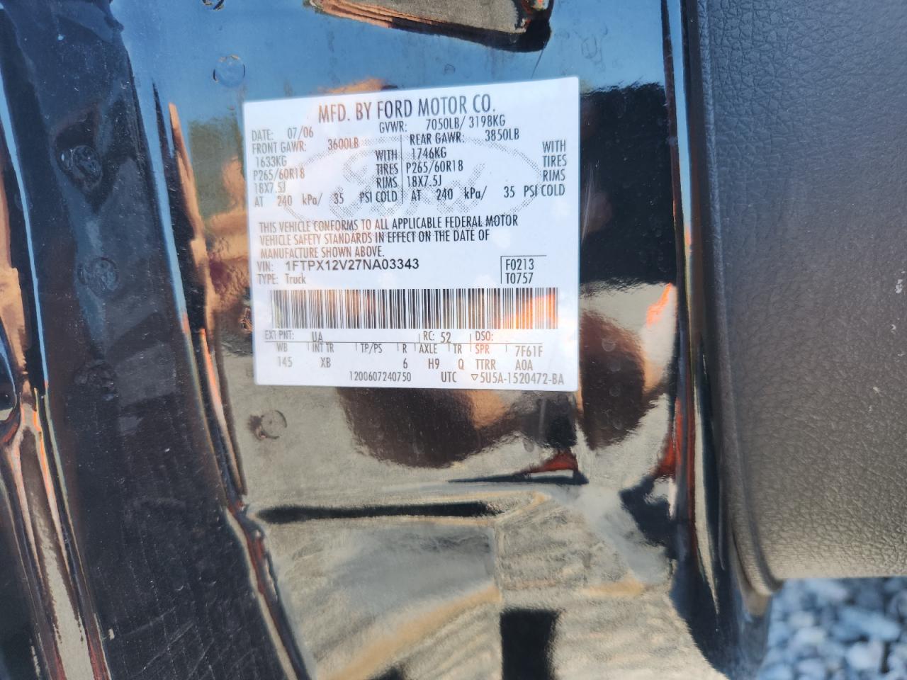 2007 Ford F150 VIN: 1FTPX12V27NA03343 Lot: 80905555