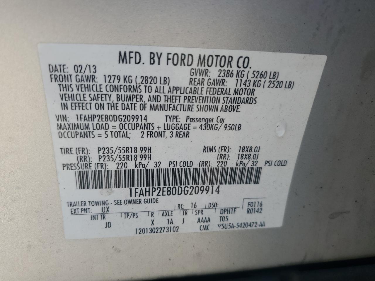 2013 Ford Taurus Sel VIN: 1FAHP2E80DG209914 Lot: 71364035