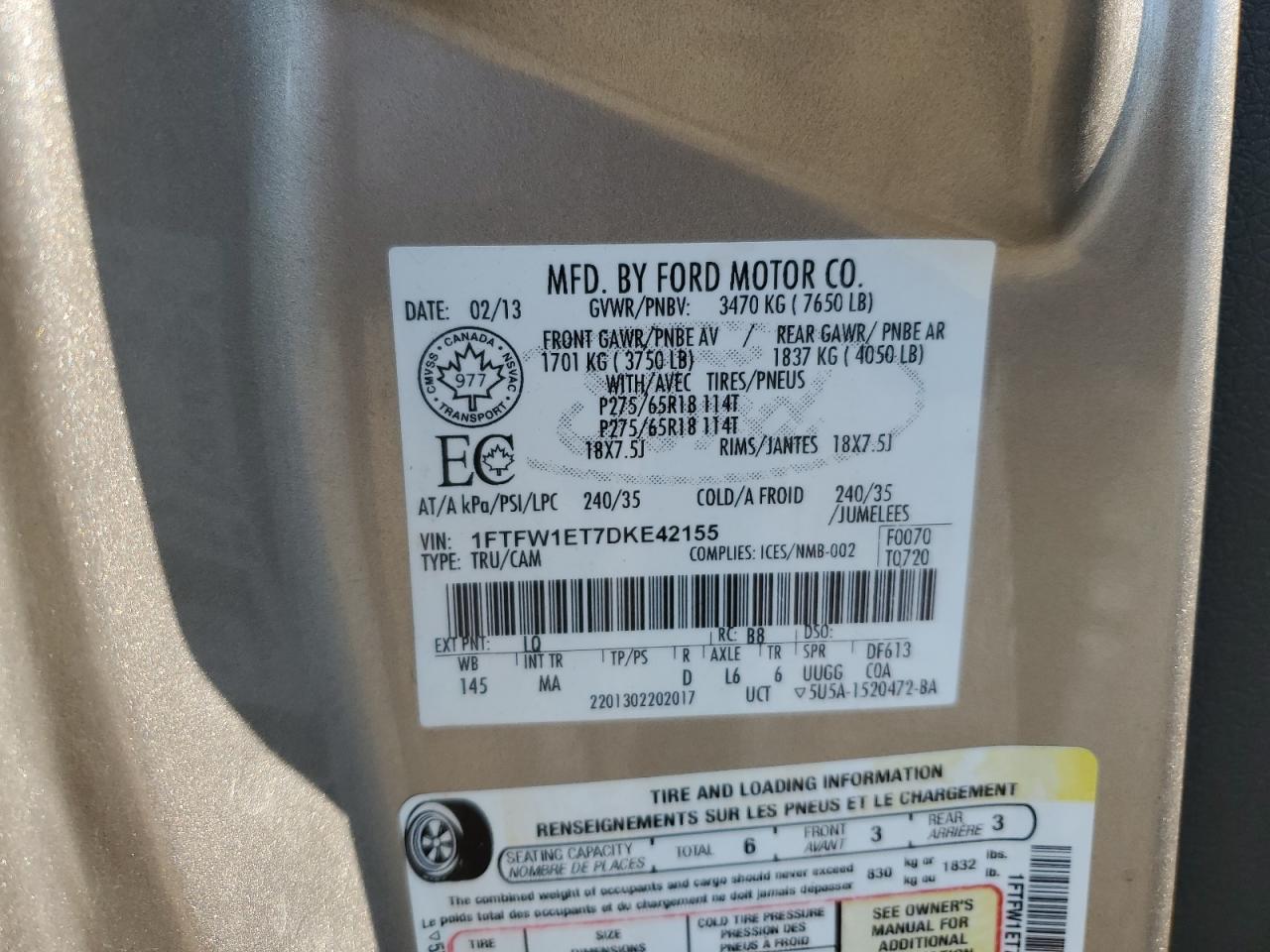 2013 Ford F150 Supercrew VIN: 1FTFW1ET7DKE42155 Lot: 71021885