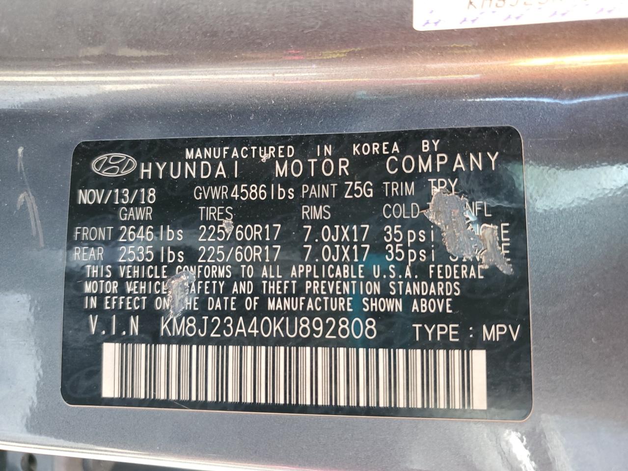 2019 Hyundai Tucson Se VIN: KM8J23A40KU892808 Lot: 84006295