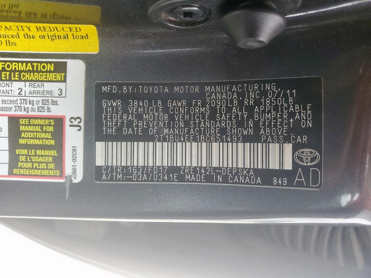 2011 Toyota Corolla Base VIN: 2T1BU4EE1BC651493 Lot: 82072605