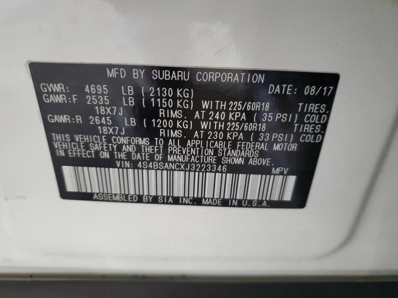 2018 Subaru Outback 2.5I Limited VIN: 4S4BSANCXJ3223346 Lot: 81319865