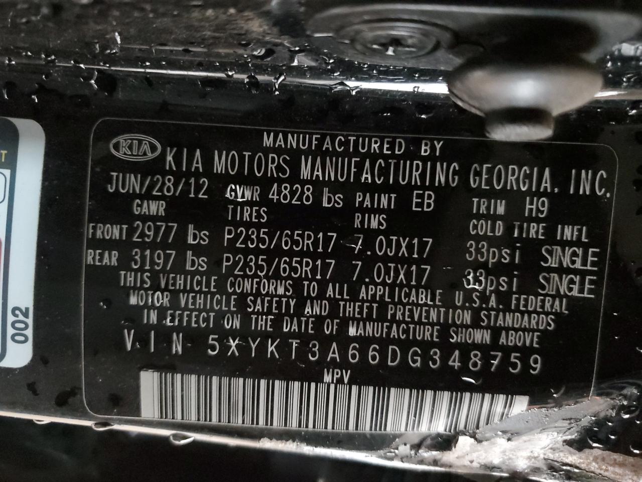 2013 Kia Sorento Lx VIN: 5XYKT3A66DG348759 Lot: 81782695