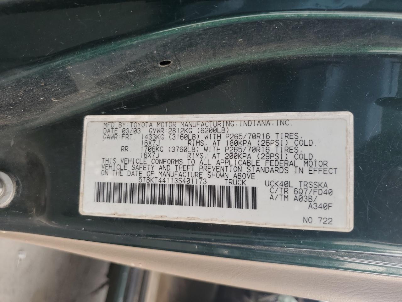 2003 Toyota Tundra Sr5 VIN: 5TBKT44113S401173 Lot: 81620685