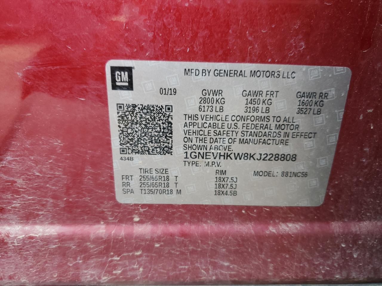 2019 Chevrolet Traverse Lt VIN: 1GNEVHKW8KJ228808 Lot: 81326855