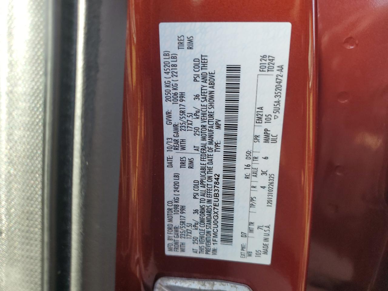 2014 Ford Escape Se VIN: 1FMCU0GX7EUB37842 Lot: 84648205