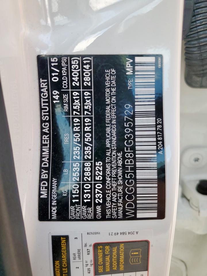 2015 Mercedes-Benz Glk 350 VIN: WDCGG5HB8FG395729 Lot: 81439555