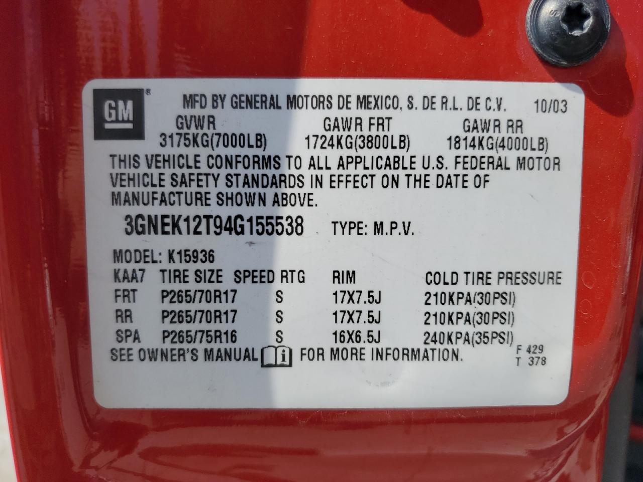 2004 Chevrolet Avalanche K1500 VIN: 3GNEK12T94G155538 Lot: 84584975