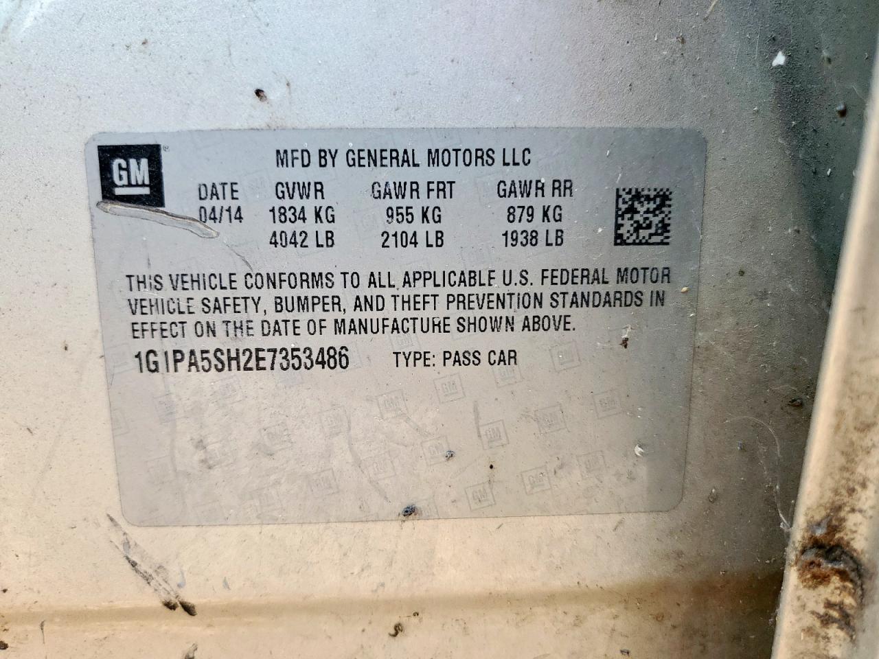 2014 Chevrolet Cruze Ls VIN: 1G1PA5SH2E7353486 Lot: 80834785