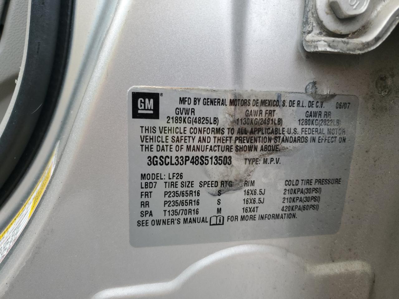 2008 Saturn Vue Xe VIN: 3GSCL33P48S513503 Lot: 71991895