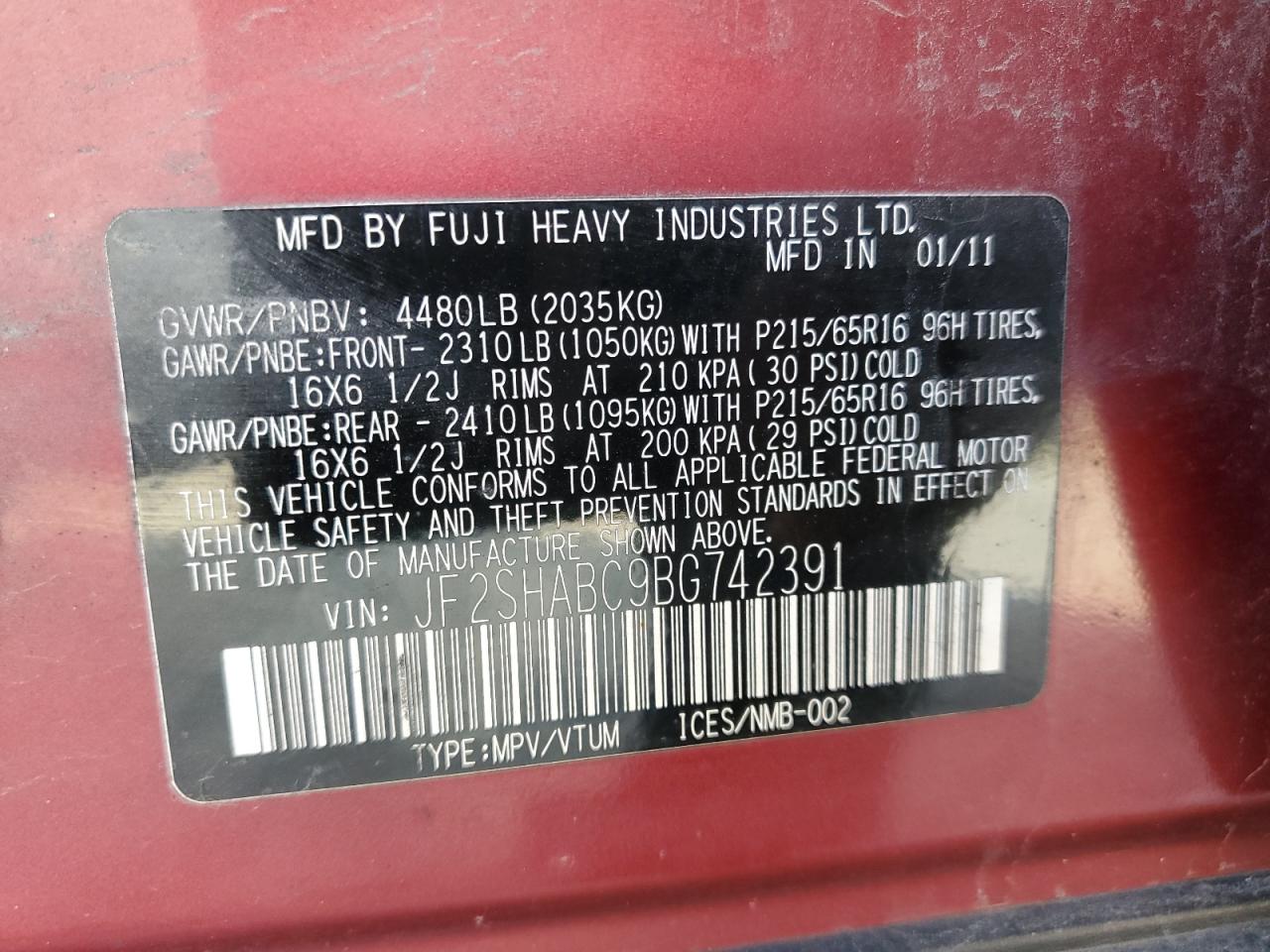 2011 Subaru Forester 2.5X VIN: JF2SHABC9BG742391 Lot: 81633485