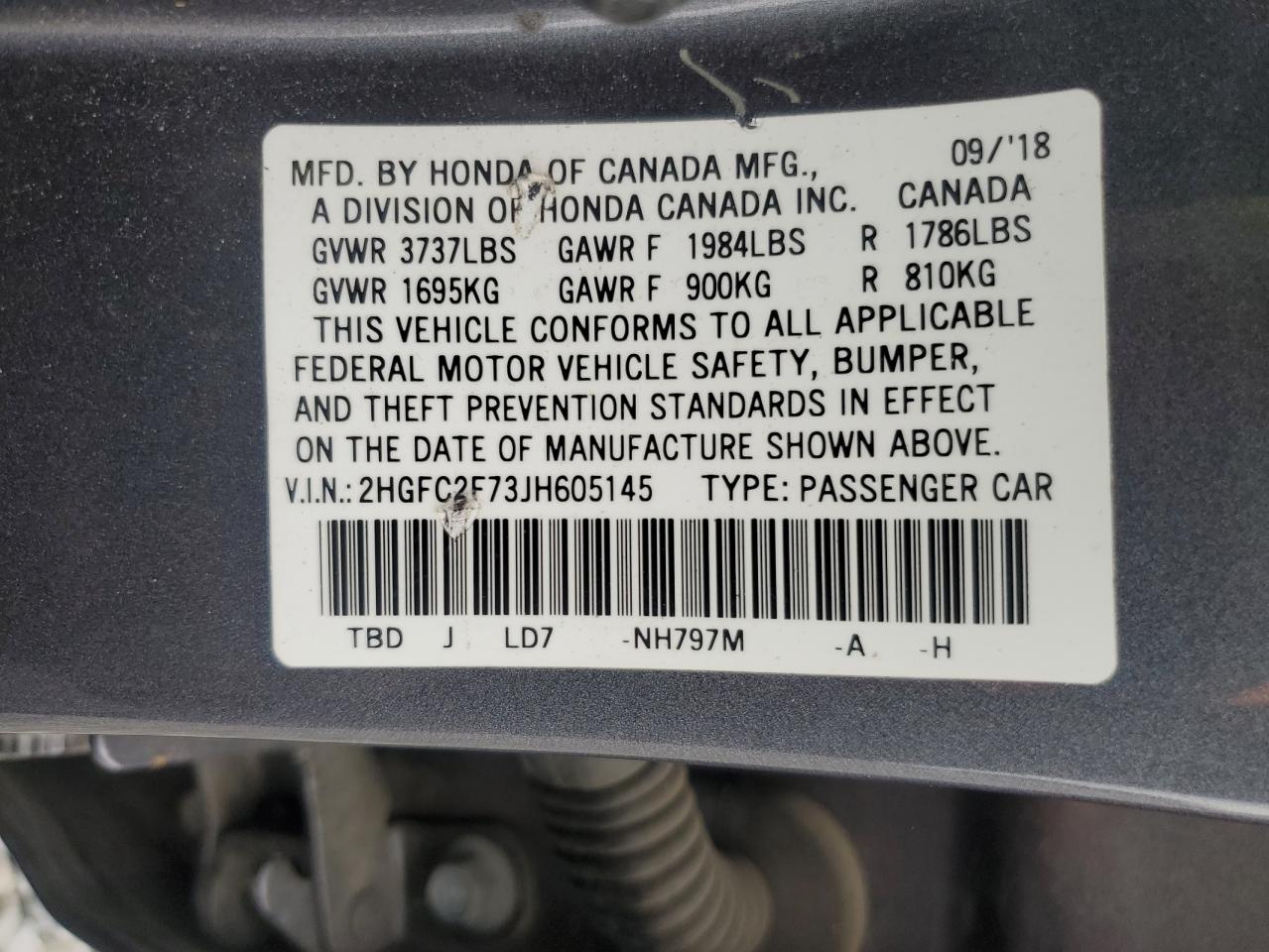 2018 Honda Civic Ex VIN: 2HGFC2F73JH605145 Lot: 81744805