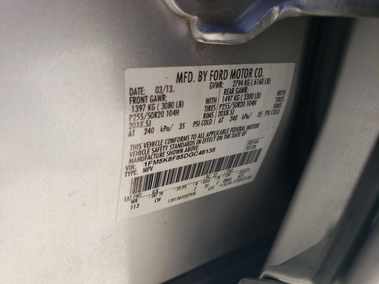 2013 Ford Explorer Limited VIN: 1FM5K8F85DGC48135 Lot: 70573395