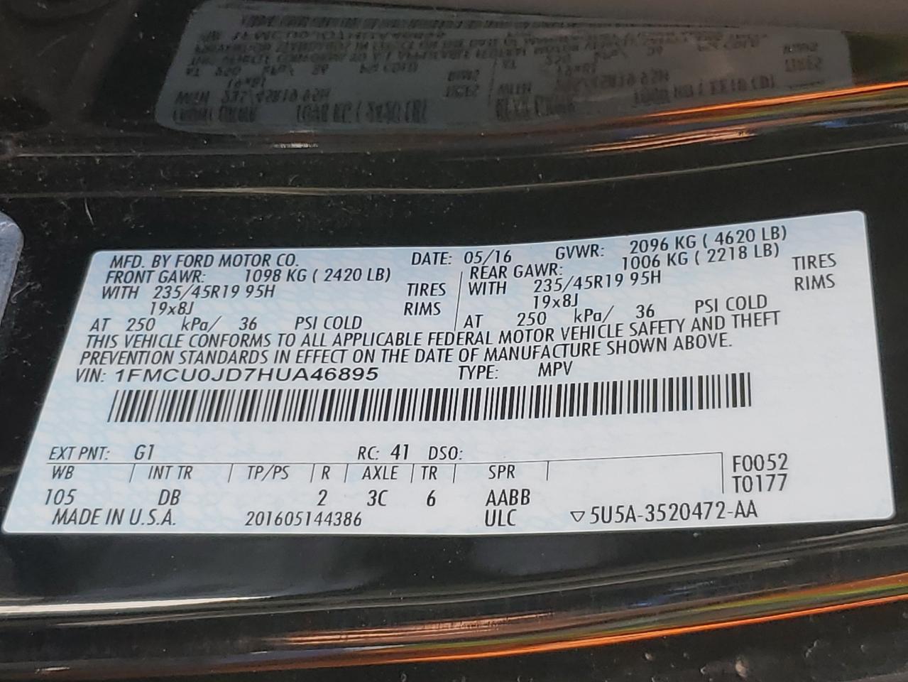 2017 Ford Escape Titanium VIN: 1FMCU0JD7HUA46895 Lot: 72026175