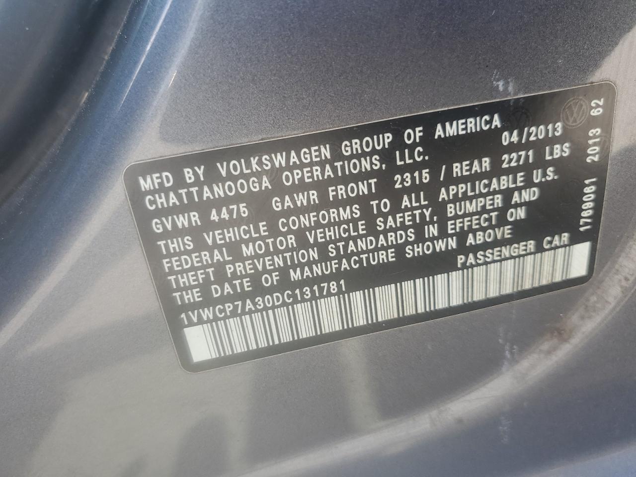 2013 Volkswagen Passat Sel VIN: 1VWCP7A30DC131781 Lot: 84622315