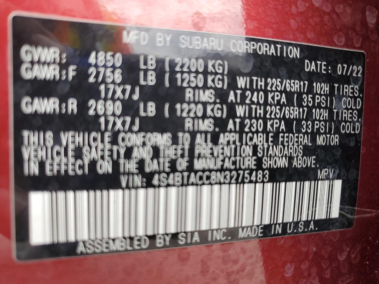 2022 Subaru Outback Premium VIN: 4S4BTACC8N3275483 Lot: 71824335