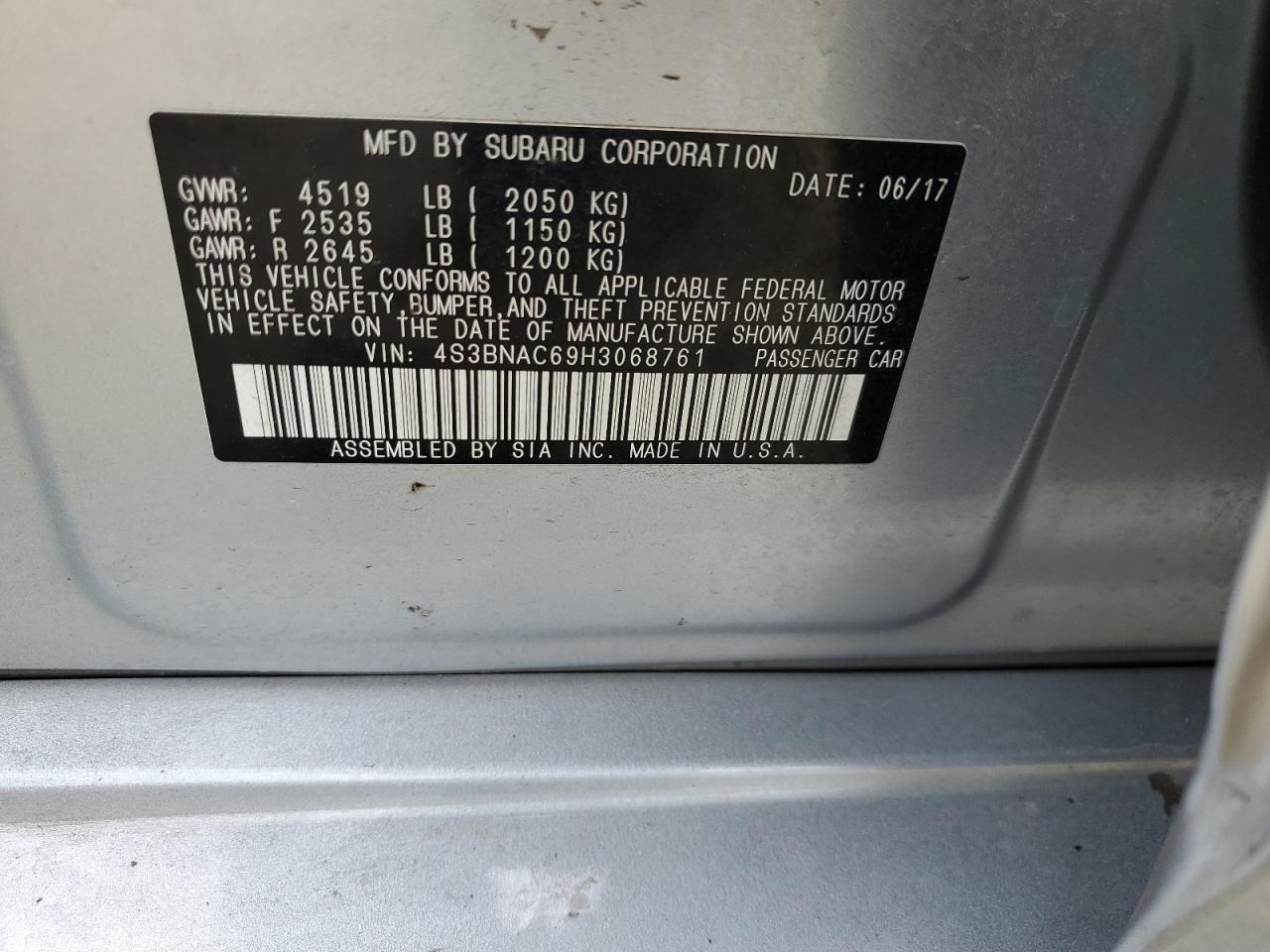 2017 Subaru Legacy 2.5I Premium VIN: 4S3BNAC69H3068761 Lot: 80390945