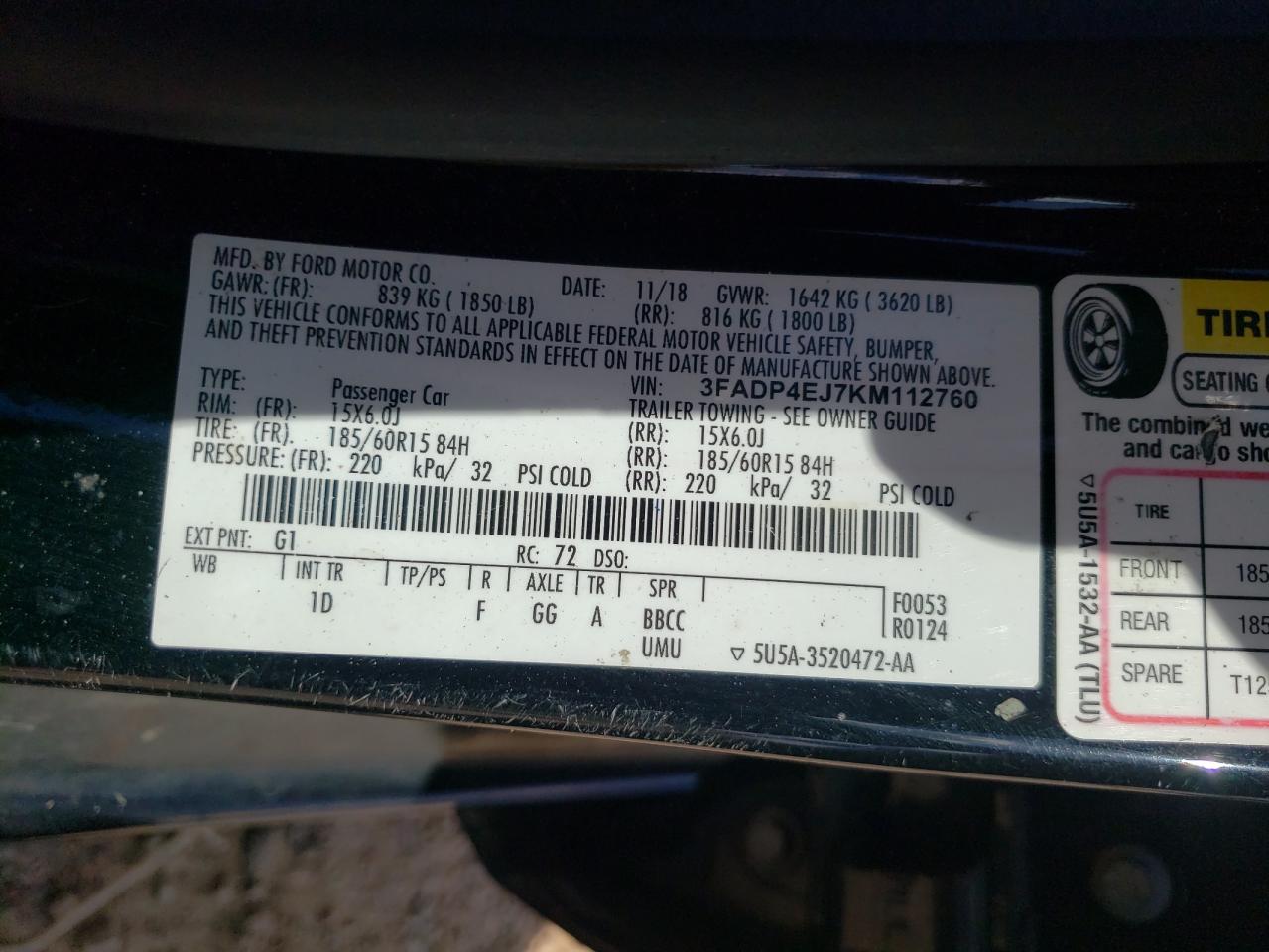 2019 Ford Fiesta Se VIN: 3FADP4EJ7KM112760 Lot: 70983805